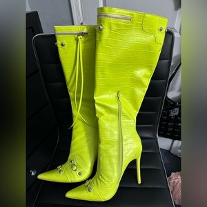 Yellow over the knee buckle high boots